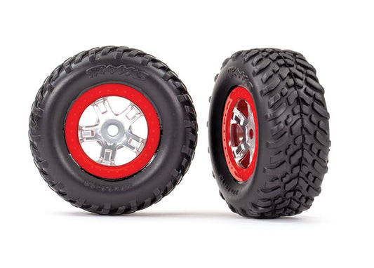 TRAXXAS 1:16 SCT Off Road Tyres on Satin Chrome Split Spoke Wheels w/ Red Beadlock 2pcs - 7073A