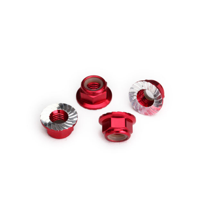 TRAXXAS 5mm Nyloc Nuts Red Aluminium Flanged & Serrated 4pcs - 8447R