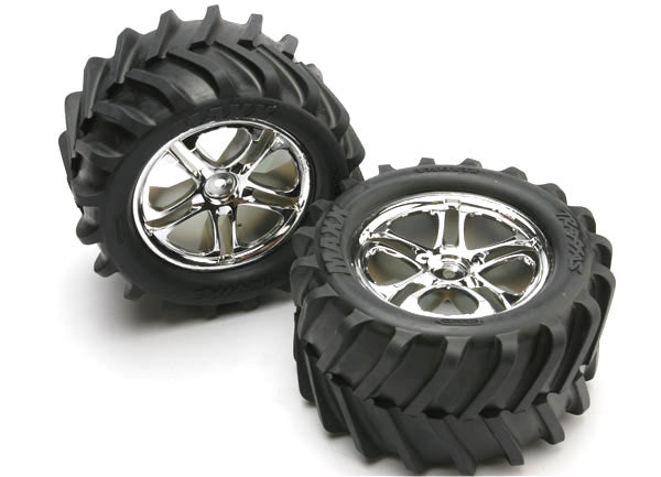 TRAXXAS Maxx 3.8in Chevron Tyres on Chrome Split Spoke Wheels 14mm Hex 2pcs - 5173