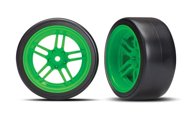 TRAXXAS Drift Tyres on Green Split Spoke Wheels Rear 2pcs - 8377G