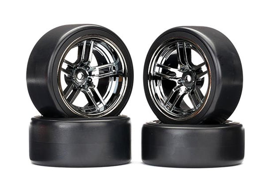 TRAXXAS 1.9in Drift Tyres on Black Chrome Split Spoke Fr & Rr Wheels 4pcs - 8378