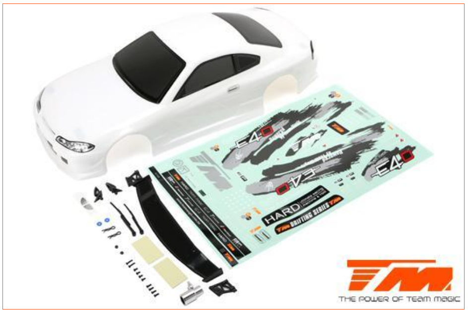 TEAM MAGIC E4D S15 White Body Shell w/ Spoiler, Mirrors, Decals - TM503319WA